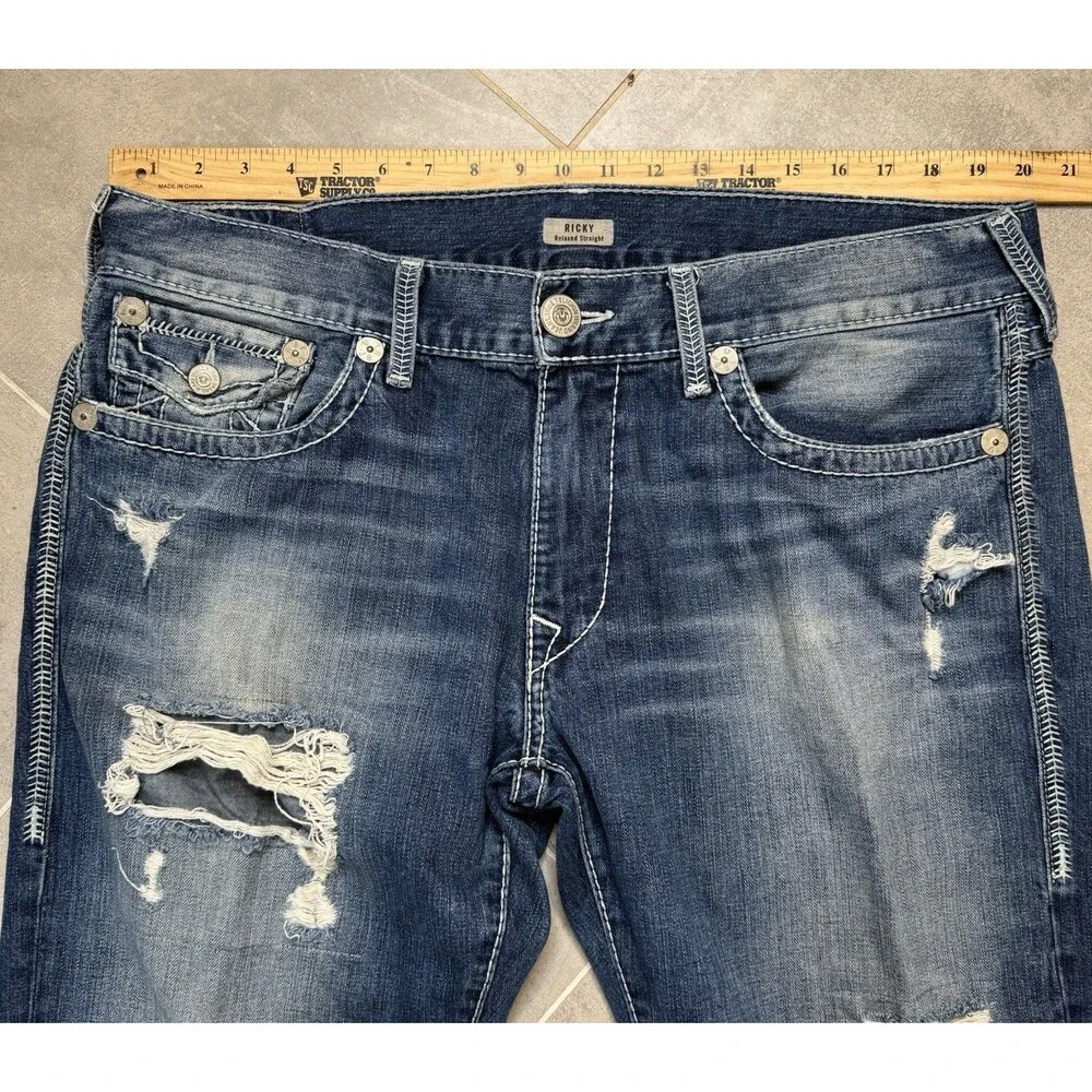 True Religion Ricky Relaxed Straight Jeans 40x34 Distressed Made in USA